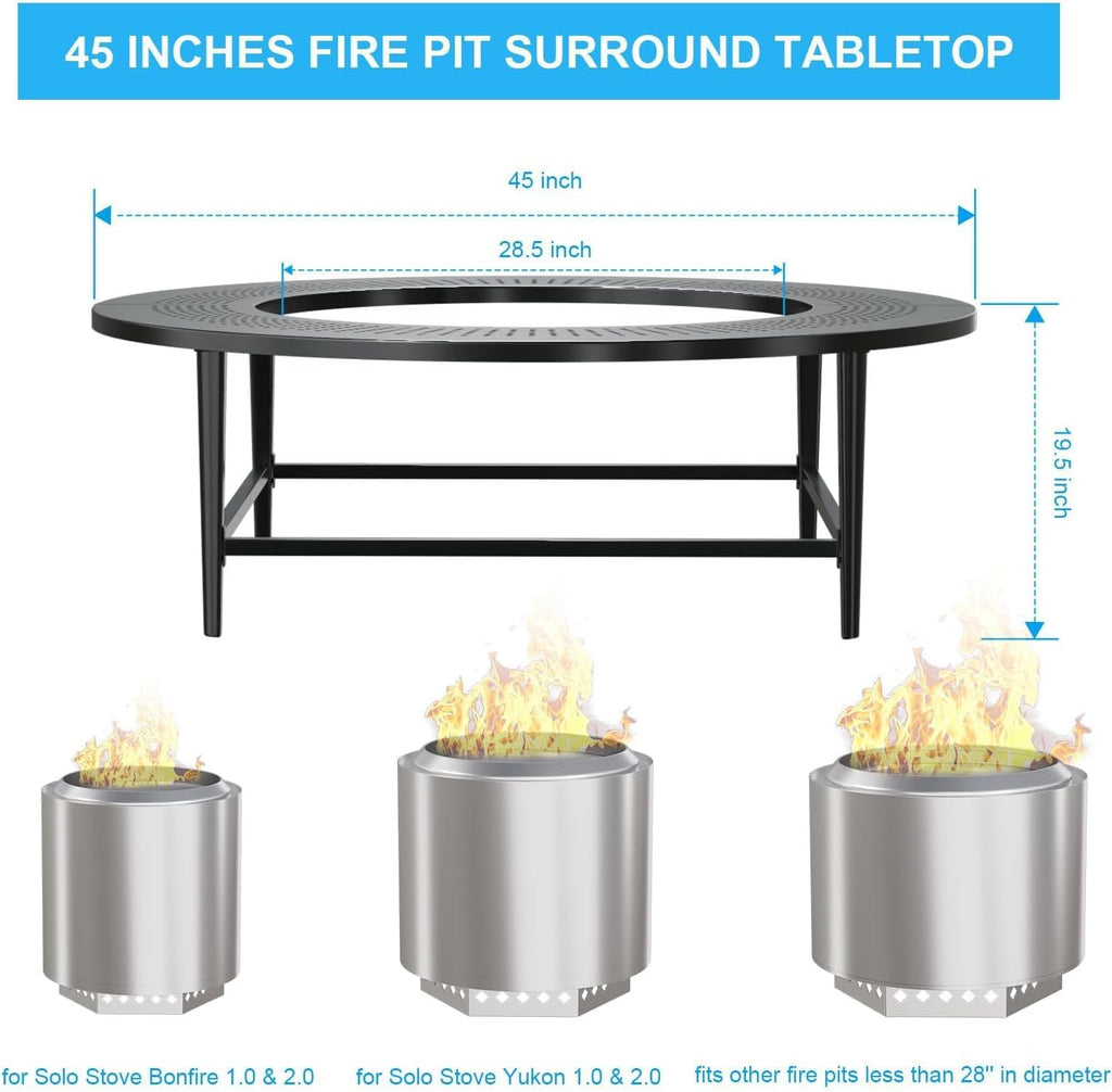 LS'BABQ 45' Fire Pit Surround Tabletop with Waterproof Cover for Solo Stove Yukon & Bonfire, Round Outdoor Fire Pit Table for Most Wood-Burning Stoves Under 28.5' Dia for Camping, Powder-Coated Steel