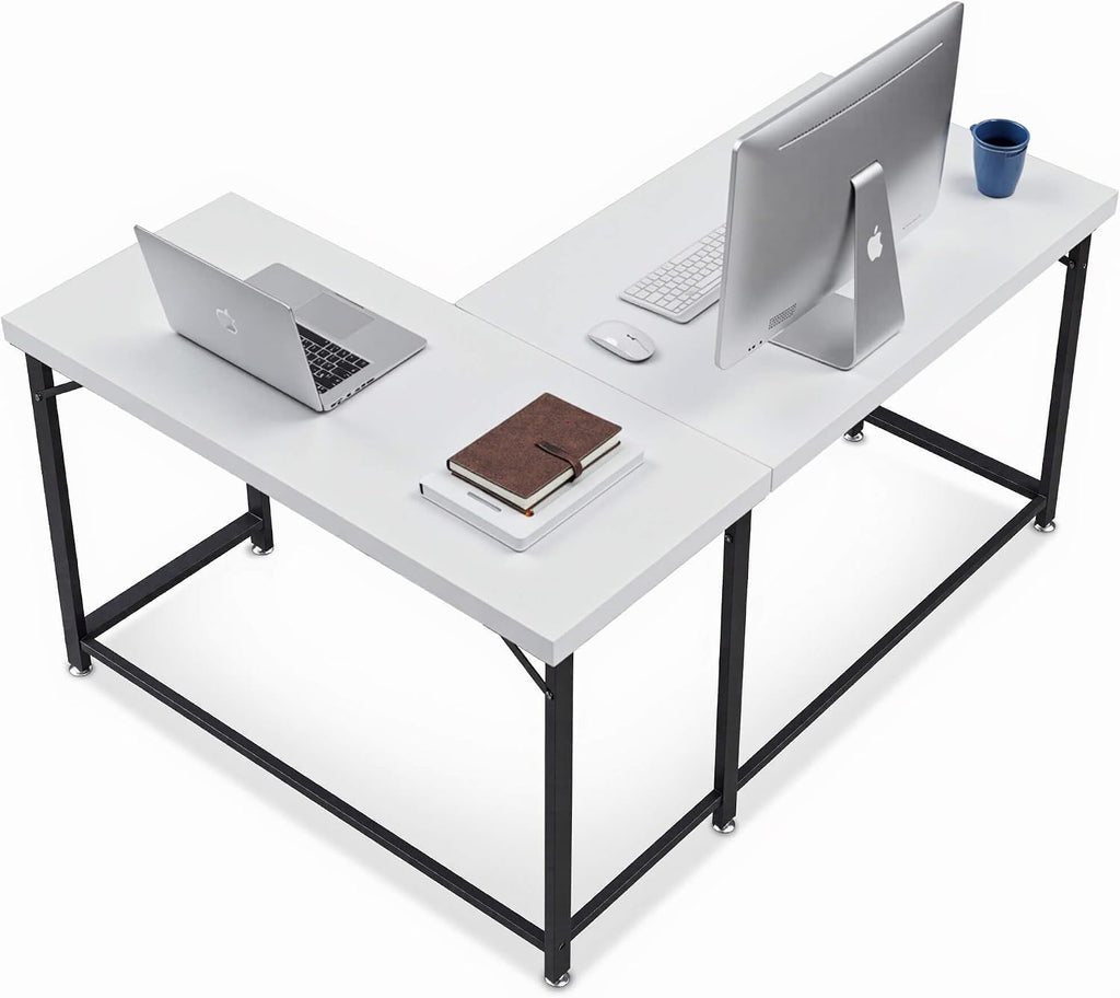 ivinta L Shaped Desk, Modern Corner Home Office Computer Desk with 2' Thicker Desktop for Study Work, Simple Reversible Worksation with Metal Frame for Bedroom Living Room Novas (White)