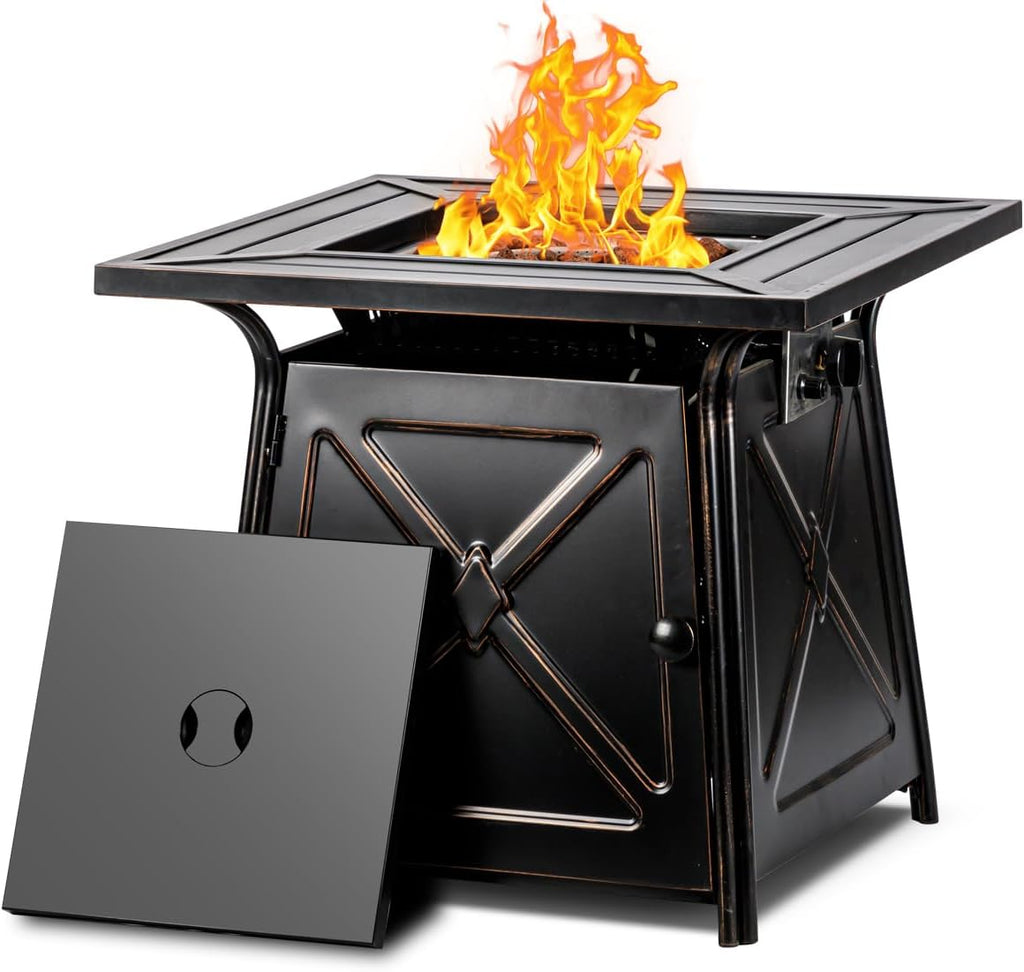 OutVue 28 inch Propane Fire Pit Table,Gas Fire Pits Table for Outside,50000 BTU Propane Firepit with Lid &Lava Rocks,Gas Firepit for Garden,Yard (Black)