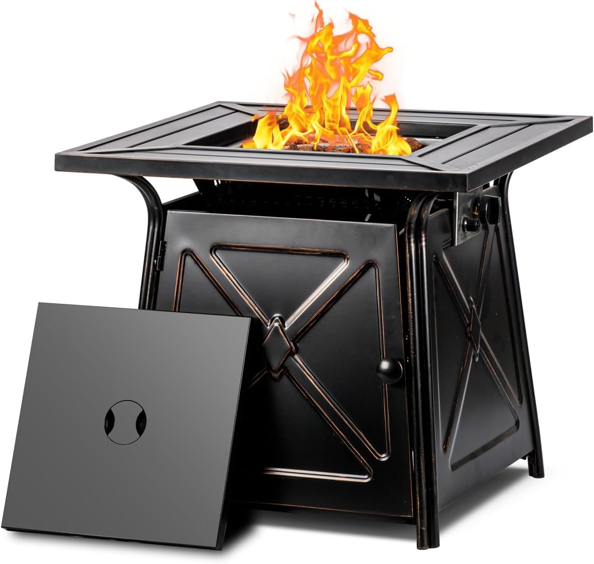OutVue 28 inch Propane Fire Pit Table,Gas Fire Pits Table for Outside,50000 BTU Propane Firepit with Lid &Lava Rocks,Gas Firepit for Garden,Yard (Black)