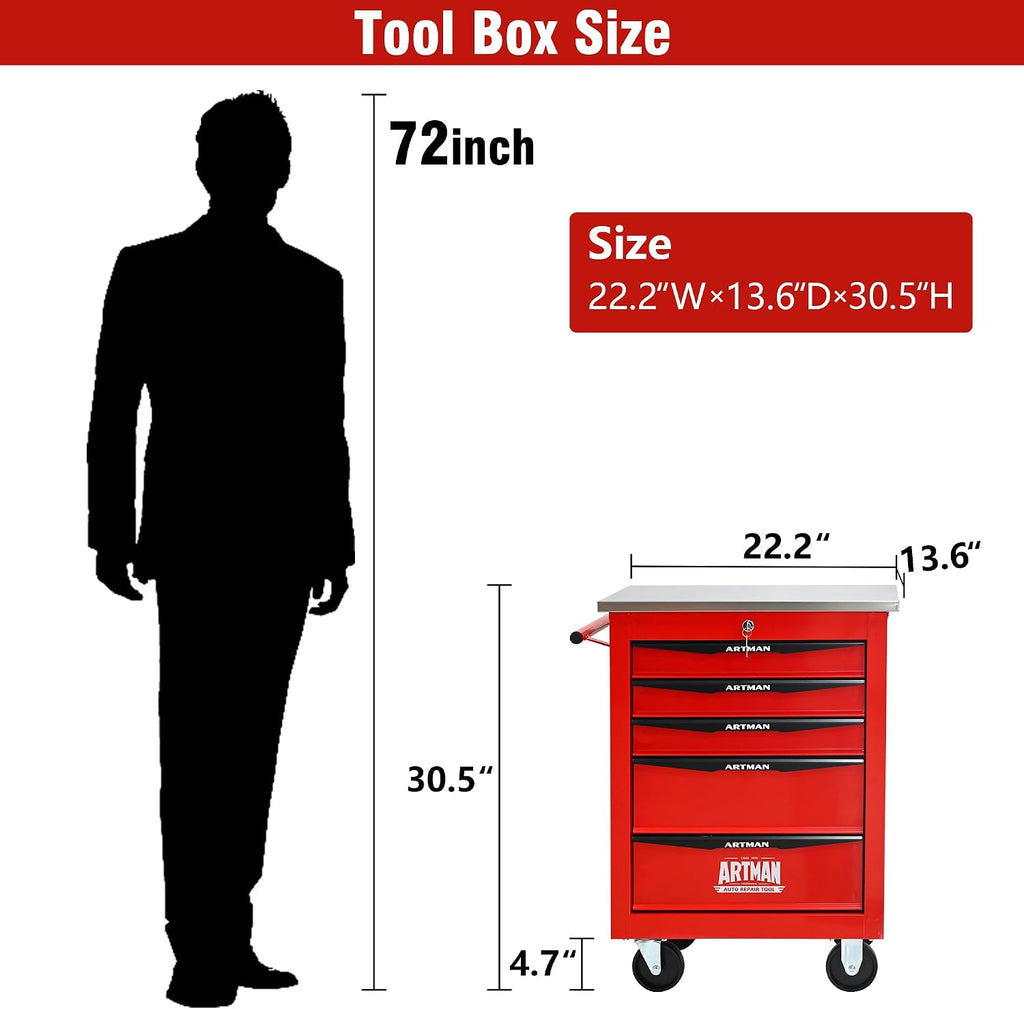 5 Drawers Rolling Tool Box on Wheels, Stainless Steel Countertop Tool Chest Cabinet with Lock, Drawers Rolling Tool Cart Trolley Organizer Tool Case for Garage,Warehouse (Red)