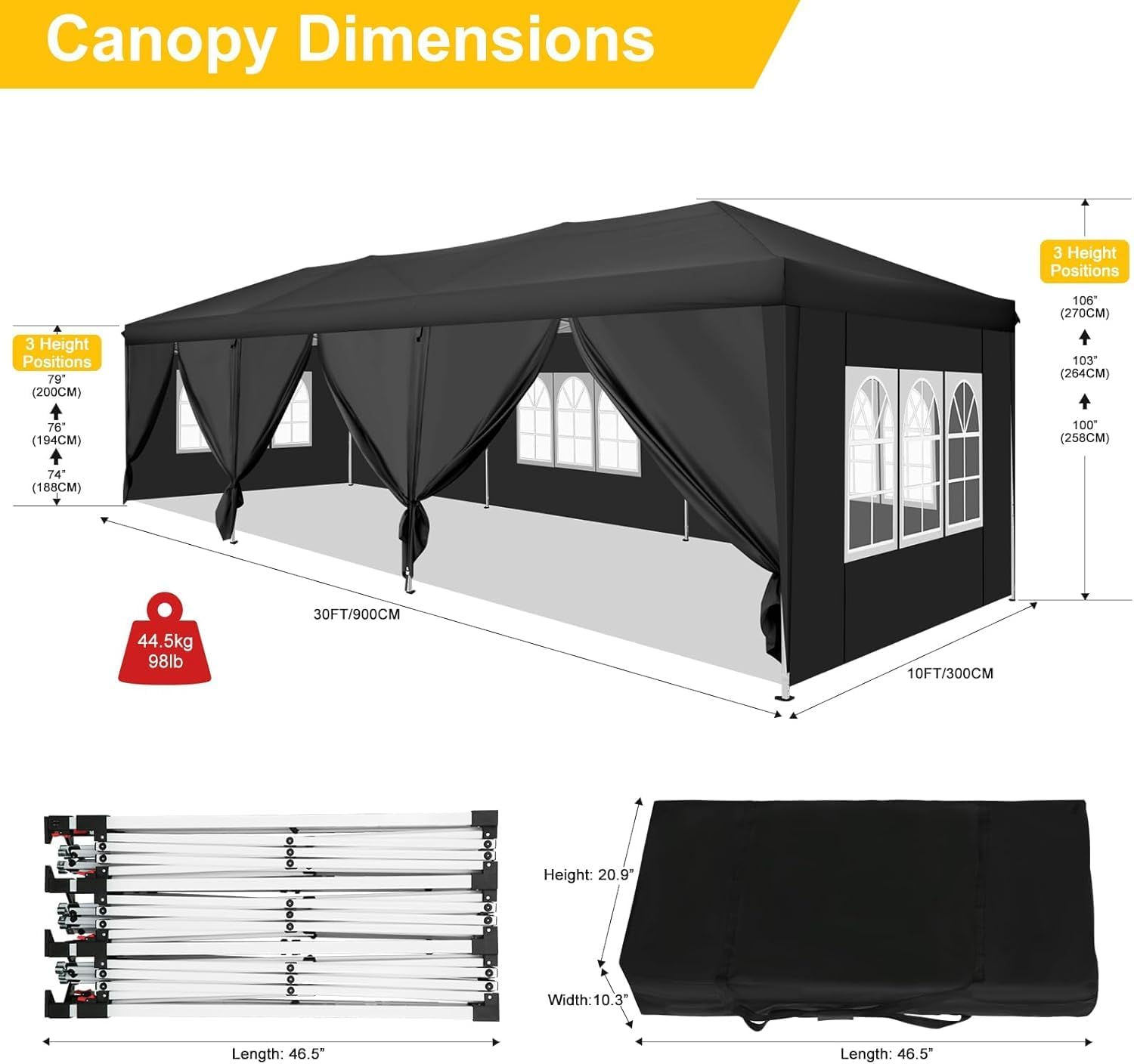 COBIZI Canopy 10x30 Pop Up Canopy Tent with 8 Sidewalls Party Tents for Parties Wedding Backyard Waterproof Outdoor Commercial Event Tent with Stakes, Ropes, Sandbags, Black