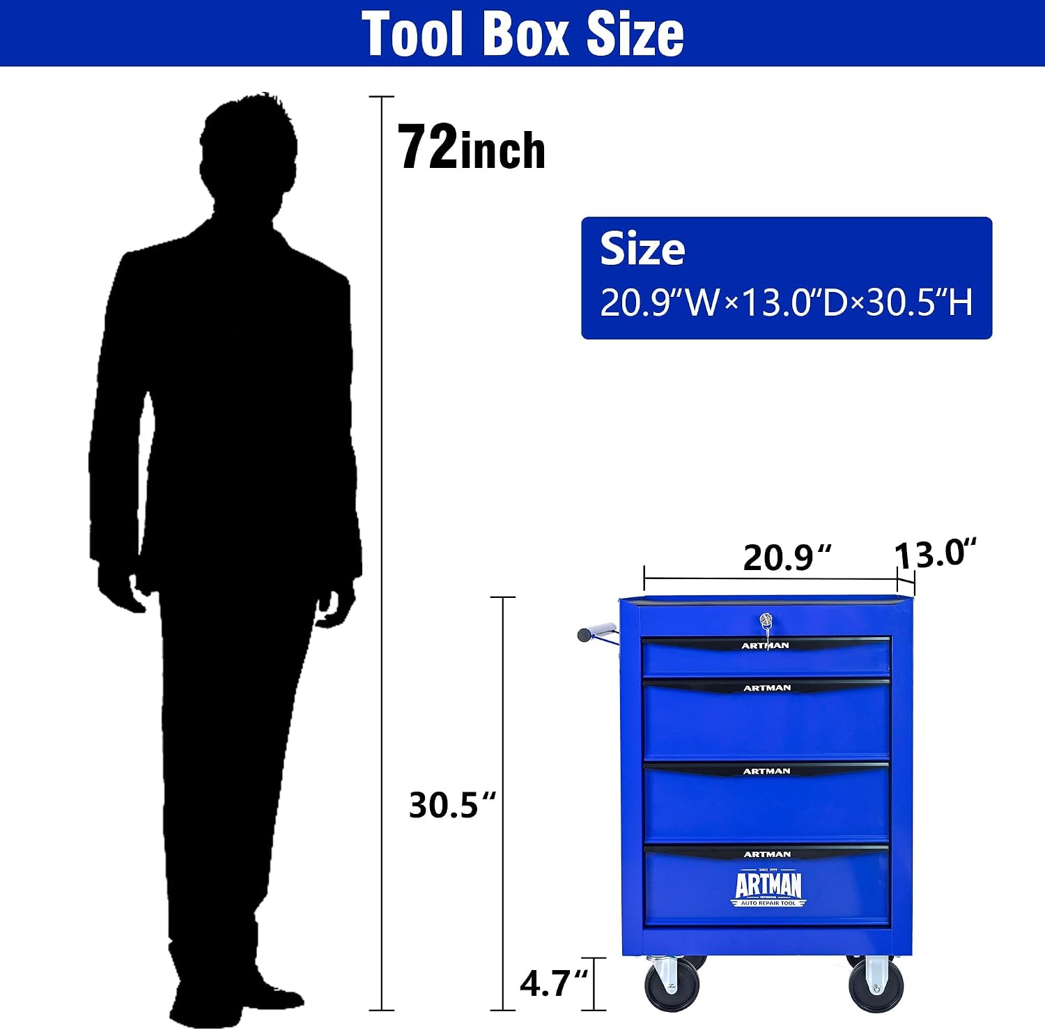 4 Drawers Tool Cart on Wheels, Multifunctional Rolling Tool Chest, Drawers Mobile Trolley Organizer Heavy Duty Tools Box with Locking Wheels & Ball Bearing Drawers (Blue, 4 Drawers)