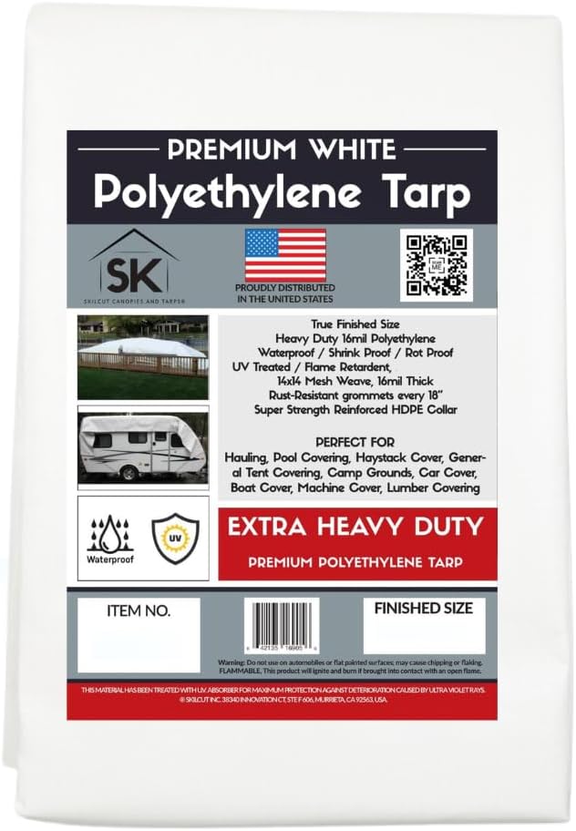 16 Mil White Extra Heavy Duty Poly Tarp - Waterproof Tarp with True Size, UV Protection, Tear Resistance, Arctic Flexibility & Reinforced Corners 20x34
