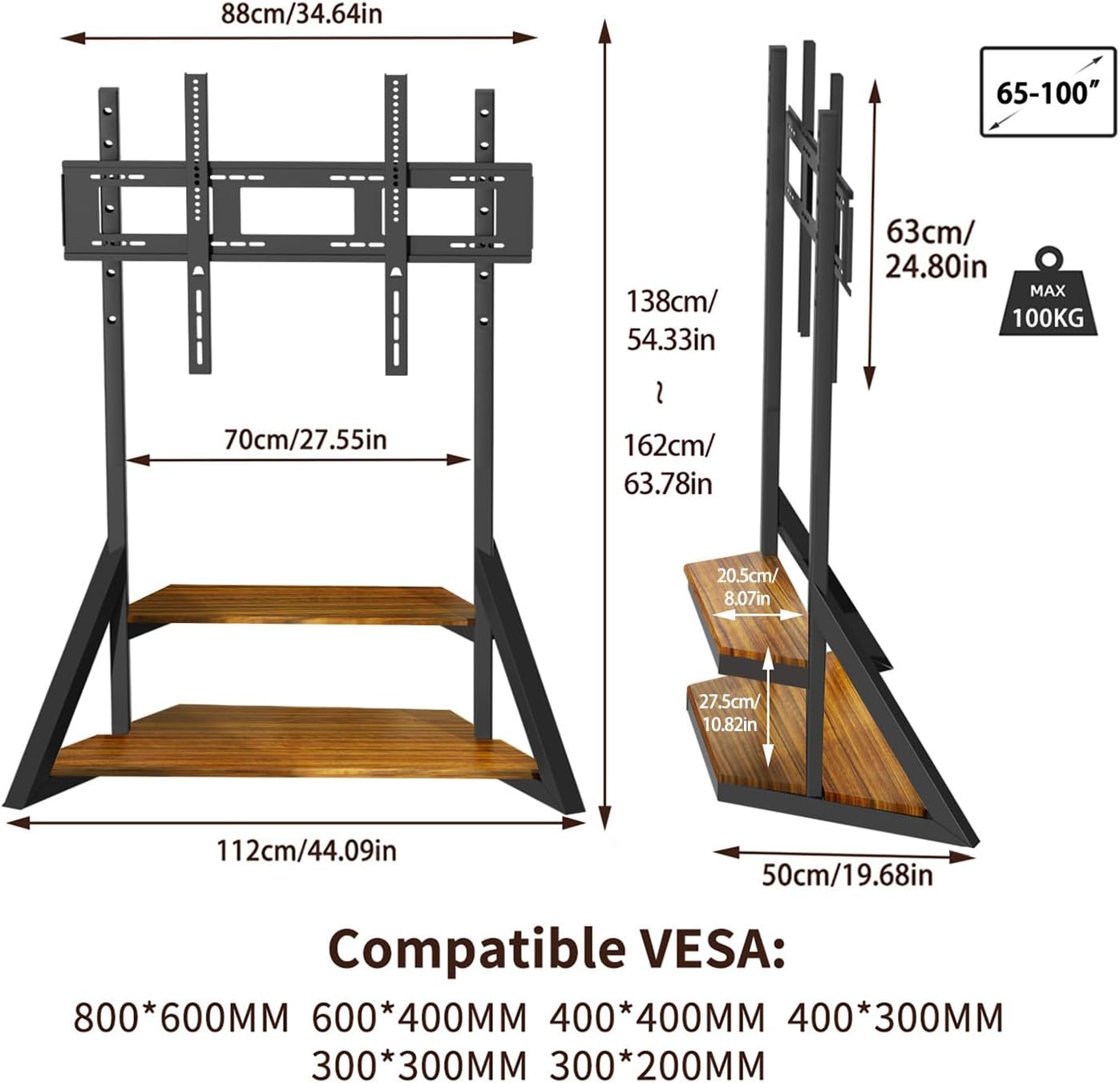 Mobile TV Stand for 65-100 Inch TVs,Adjustable Heights TV Mount Stands with Large Wood Shelf and Wheels,Modern Living Room Rolling TV Stand, Up to 220 lbs,VESA 800x600mm,Walnut(VC-Z1188)
