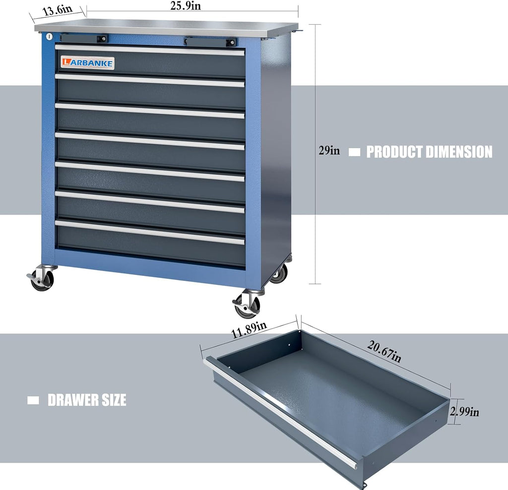 LARBANKE 7-Drawer Rolling Toolbox,Tool Box with 360° Lockable Wheels and Padded Feet,Tool Chest with Keyed Locking System and Drawer Liners,can be Combined Storage System with Tool Chest