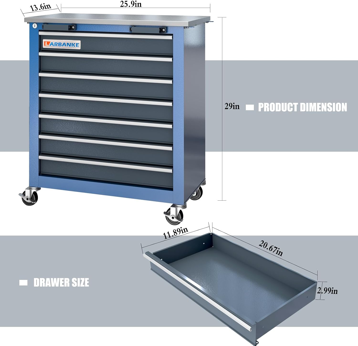 LARBANKE 7-Drawer Rolling Toolbox,Tool Box with 360° Lockable Wheels and Padded Feet,Tool Chest with Keyed Locking System and Drawer Liners,can be Combined Storage System with Tool Chest