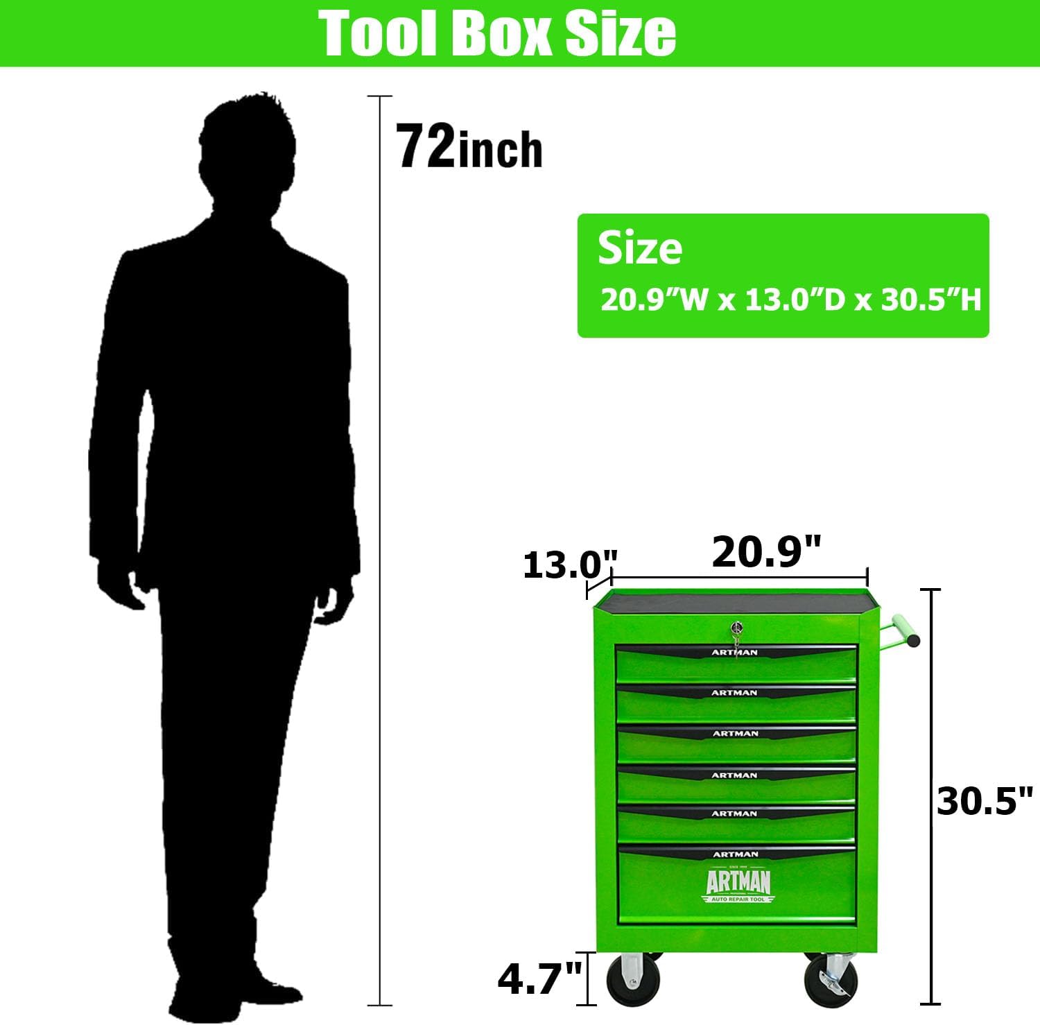 6 Drawers Rolling Tool Box on Wheels, Multifunctional Tool Chest Cabinet with Lock, Drawers Rolling Tool Cart Trolley Organizer Tool Storage Case for Warehouse,Garage,Workshop (Green)