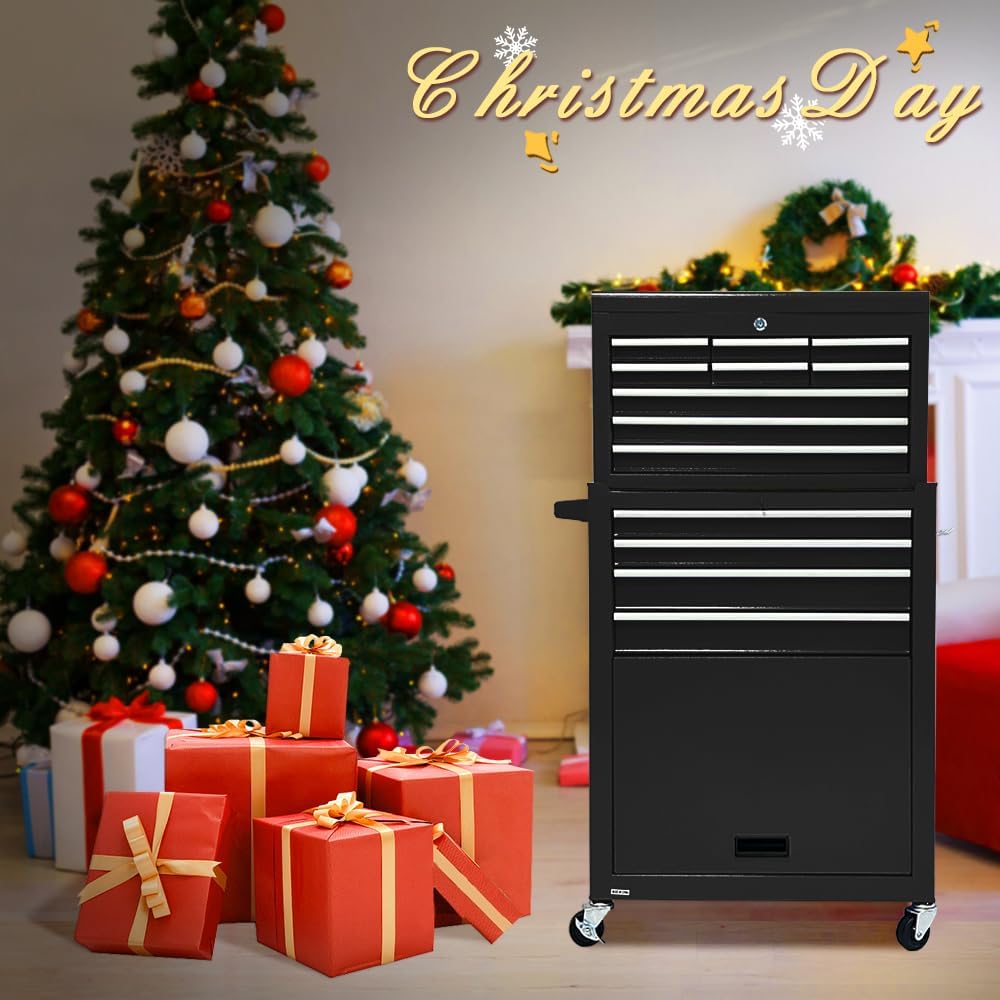 13 Drawers Tool Chest with Wheels,Large Capacity Tool Storage Cabinet with Removable Top Toolbox, Locking Mechanical Tool Cart with Liner,Suitable for Garages, Warehouses-Black