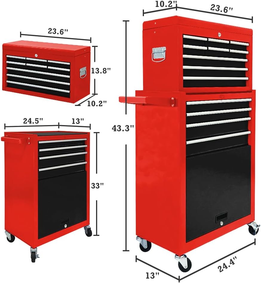 13-Drawer Tool Chest with Wheels, 2 in 1 Detachable Rolling Toolbox with Drawers, Large Tool Box with Lock, Mobile Steel Tool Cabinet Storage for Warehouse, Garage (Red&Black)