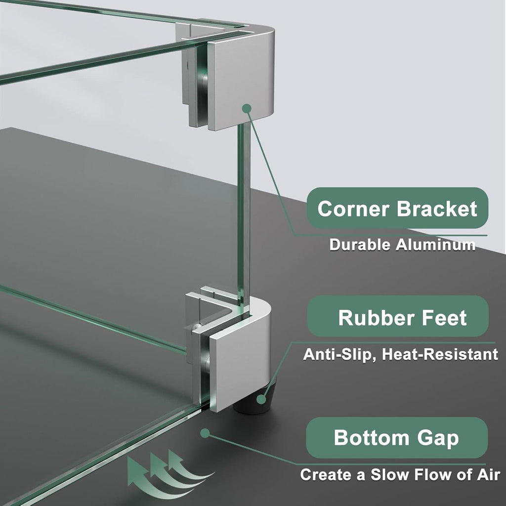 GASPRO 38.5 x 7.5 Inch Glass Wind Guard for Rectangular Fire Pit Table, Thick and Sturdy Tempered Glass Panel with Hard Aluminum Corner Bracket & Rubber Feet, Easy to Assemble