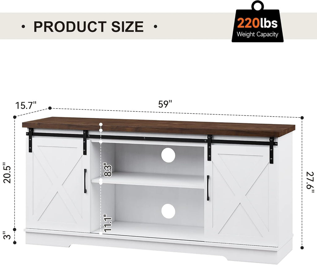Farmhouse TV Stand for TVs up to 65', Modern Entertainment Center with Sliding Barn Doors & Adjustable Shelves, TV Console for Living Room, Heavy Duty 220lbs Load (White)