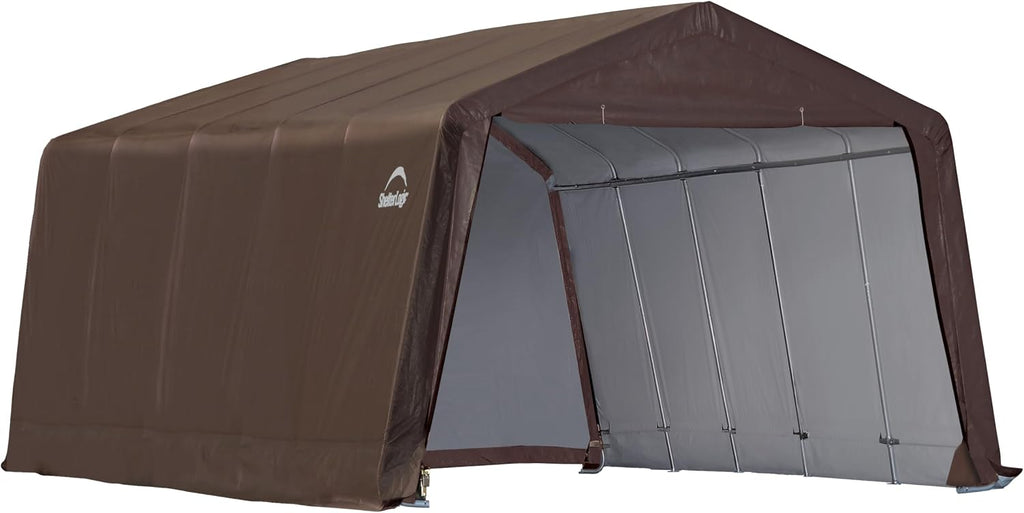 ShelterLogic 12' x 20' x 8' 3-in-1 Run-in Outdoor Animal Shelter with Waterproof Cover, All-Weather Outdoor Storage Shed for Animals, Agriculture, and Farm Equipment, Brown