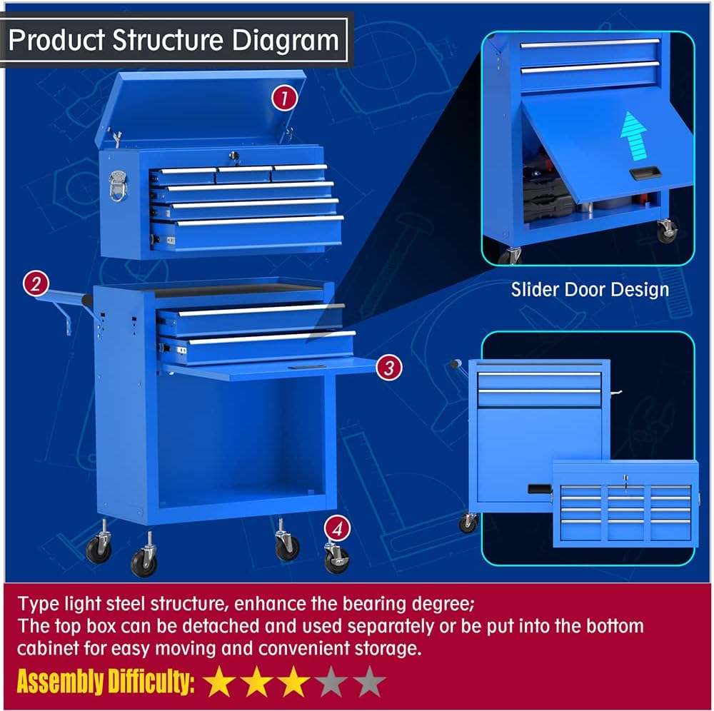High Capacity Rolling Tool Boxes with Wheels and Drawers, 8-Drawer Storage Cabinet,Detachable Organizer Combo,Mobile Lockable Toolbox for Workshop Mechanics Garage (Blue)