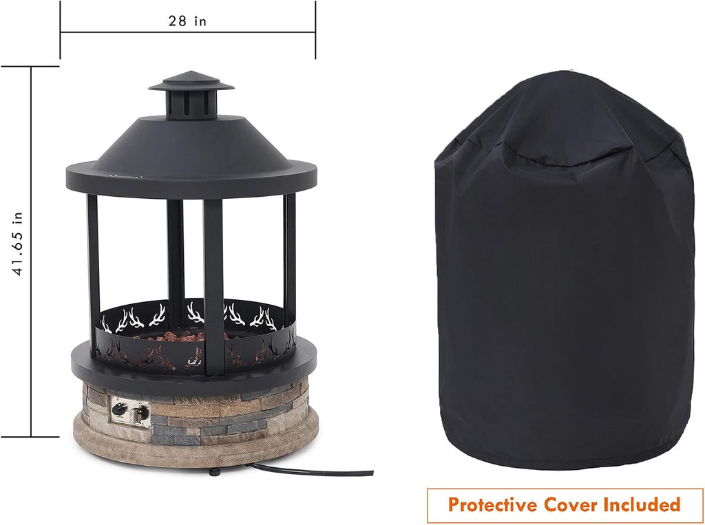 28-Inch Outdoor Gas Fire Pit with Tank Cover, 65,000 BTU Lantern Top Patio Propane Fire Pit, Gazabo Gas Fireplace with Faux Stone Base, Lava Rocks, Cover & Pre-Attached 10ft Propane Hose