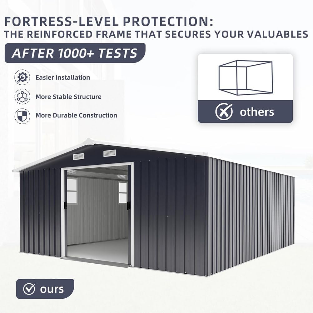 10x12 FT Outdoor Storage Shed, Extra Large Metal Garden Shed with Lockable Doors, Windows & Air Vents, Heavy-Duty Steel Backyard Utility Shed for Tools, Lawn Equipment, Motorcycles, Bikes, Patio,Gray
