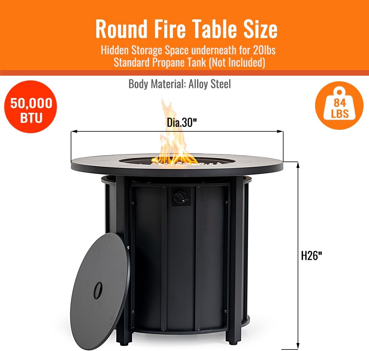 30'' Marble Ceramic Round Gas Fire Pit, 50,000 BTU Outdoor Fire Tables, Fire Table with Lid, Add Warmth & Ambience to Gatherings and Parties On Patio Deck Garden Backyard, White Glass Stone.