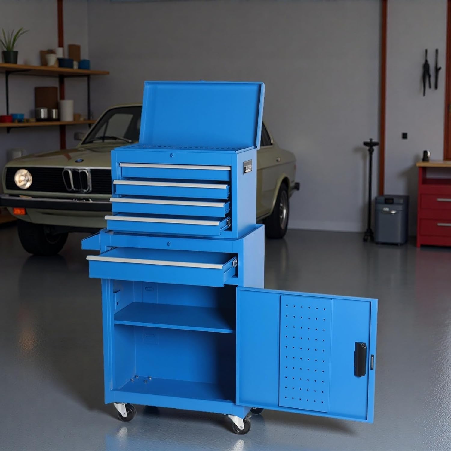 Tool Chest, 5-Drawers Rolling Tool Storage Cabinet with Detachable Top, Lockable Wheels, Adjustable Shelf & Locking Mechanism, Multifunctional Tool Cart for Garage Workshop, Blue