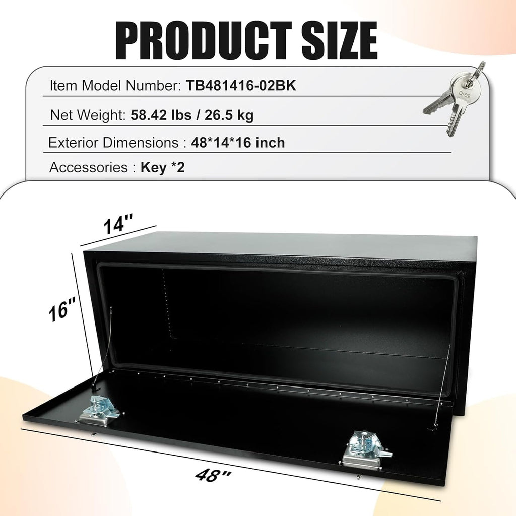 48 Inch Underbody Tool Boxes for Truck 2 Pack, 48x14x16 Inch Steel Under Body Storage Box with T-Handle Latch, Heavy Duty Toolbox for Pickup Truck RV, Black (Pack of 2)