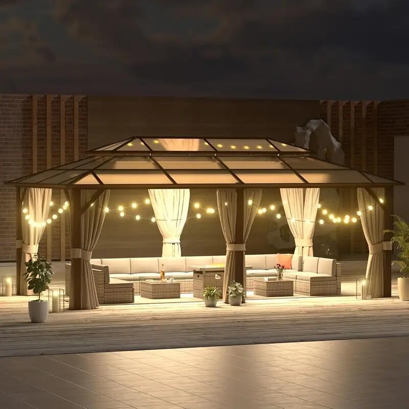 TFORESTER Hardtop Gazebo 12x20FT Hardtop Gazebo, Aluminum Frame Permanent Pavilion with Curtains and Netting, Outdoor Polycarbonate Gazebo, Double Roof Canopy, for Gardens, Patios, Lawns