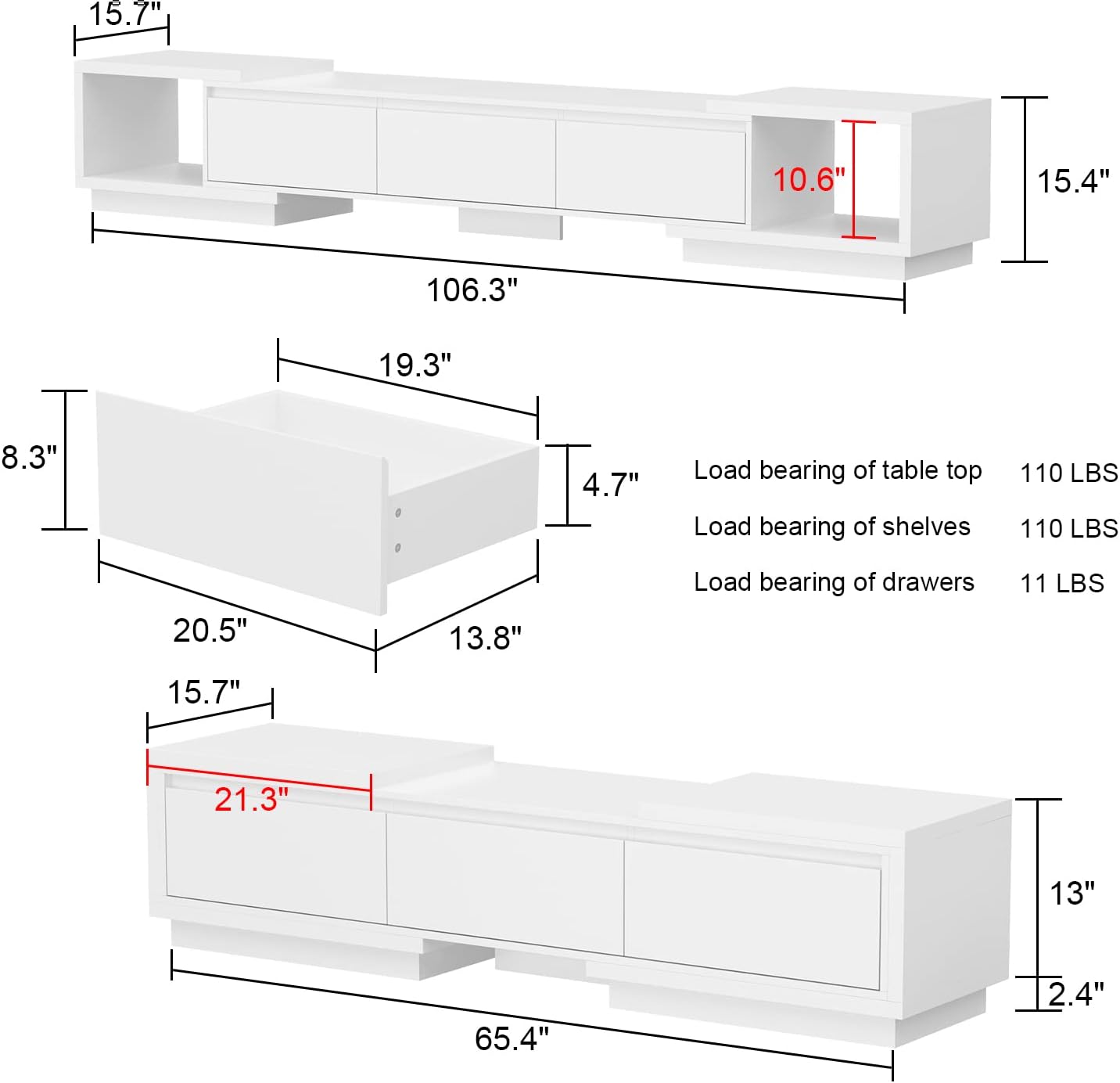 AIEGLE Deformable TV Console with 3 Drawers, Modern Extendable TV Stand in Stretch of 65'-106' Wide, Wood Media Gaming Entertainment Center, White