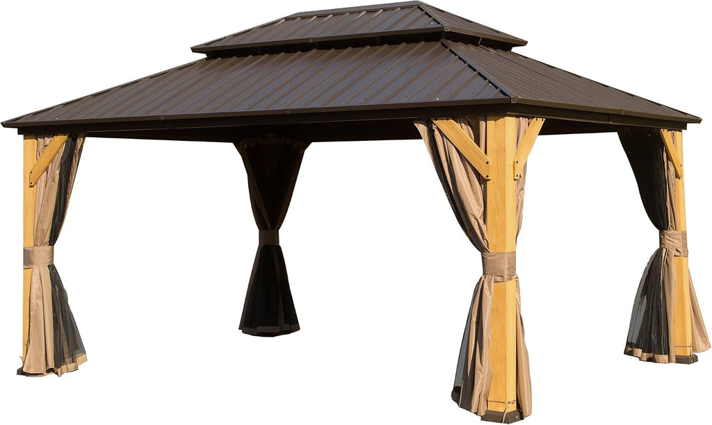 10x14FT Wood Gazebo, Solid Wood Hardtop Gazebo with Galvanized Steel Double Roof, Netting Curtains, Outdoor Gazebo for Patio, Backyard, Deck, Lawns