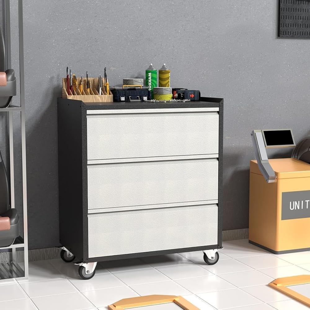 3 Drawer Rolling Garage Storage Cabinet, Small Metal Tool Cabinet with Drawer, Tool Chest & Cabinet for Workshop, Garden, Home, Office, Assembly Required, Black/Gray