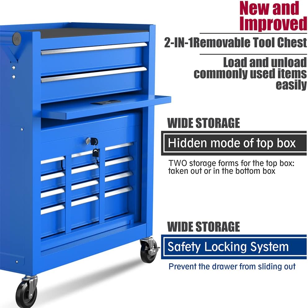 High Capacity Rolling Tool Boxes with Wheels and Drawers, 8-Drawer Storage Cabinet,Detachable Organizer Combo,Mobile Lockable Toolbox for Workshop Mechanics Garage (Blue)