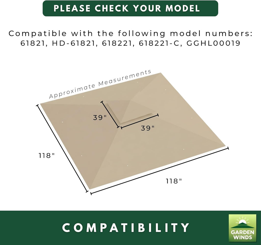 Garden Winds Heavy Duty Reinforced RipLock 500 Replacement Canopy Top Cover Compatible with Arrow 10' x 10' Gazebo Models 61821, HD-61821, 618221, 618221-C, GGHL00019 - Beige