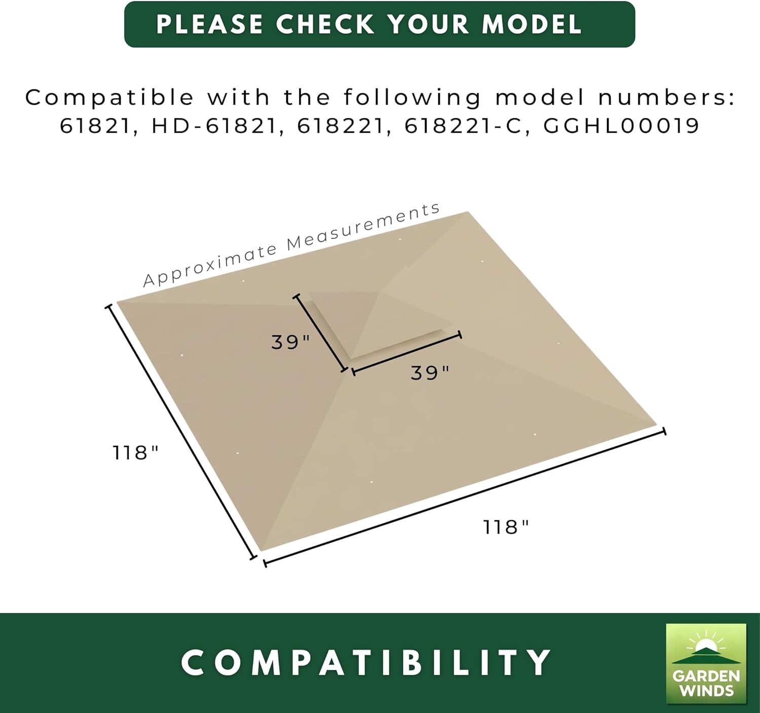 Garden Winds Heavy Duty Reinforced RipLock 500 Replacement Canopy Top Cover Compatible with Arrow 10' x 10' Gazebo Models 61821, HD-61821, 618221, 618221-C, GGHL00019 - Beige