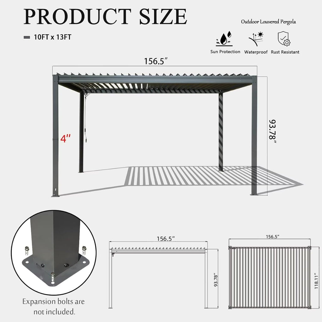 Domi Outdoor Louvered Pergola 10x13FT with Adjustable Steel Roof, Outdoor Aluminum Frame Rainproof Pergola for Backyard, Garden and Lawn,Gray