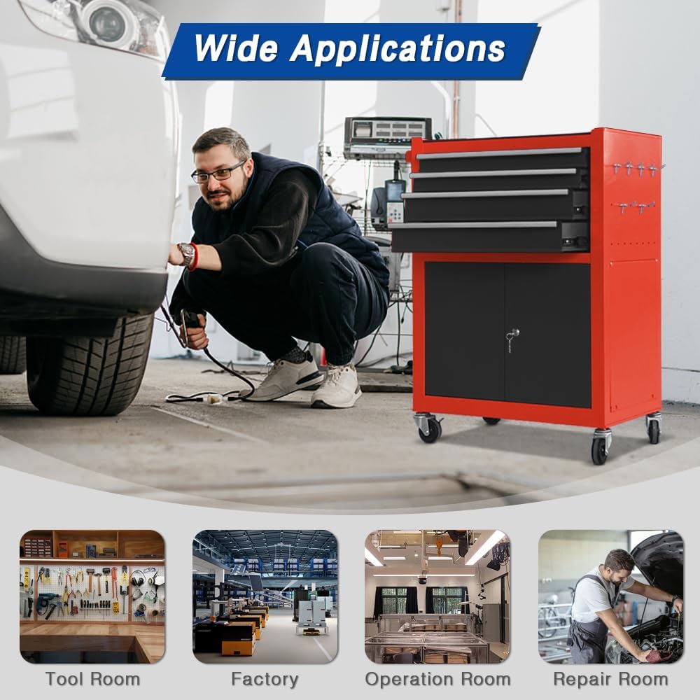 13 Drawers Tool Chest with Wheels, Rolling Tool Organizer with Drawers, Metal Tool Cabinet for Garage, Workshop(Red-Black)