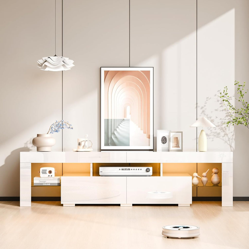 Bonnlo 63' LED TV Stand, Modern White Entertainment Center with Storage and LED Lights for 55/60/65/70 Inch TVs, High Gloss Design for Living Room and Bedroom (White, 63'' x 14'' x 18'')