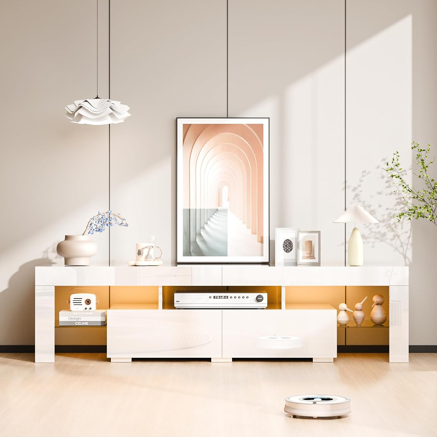 Bonnlo 63' LED TV Stand, Modern White Entertainment Center with Storage and LED Lights for 55/60/65/70 Inch TVs, High Gloss Design for Living Room and Bedroom (White, 63'' x 14'' x 18'')
