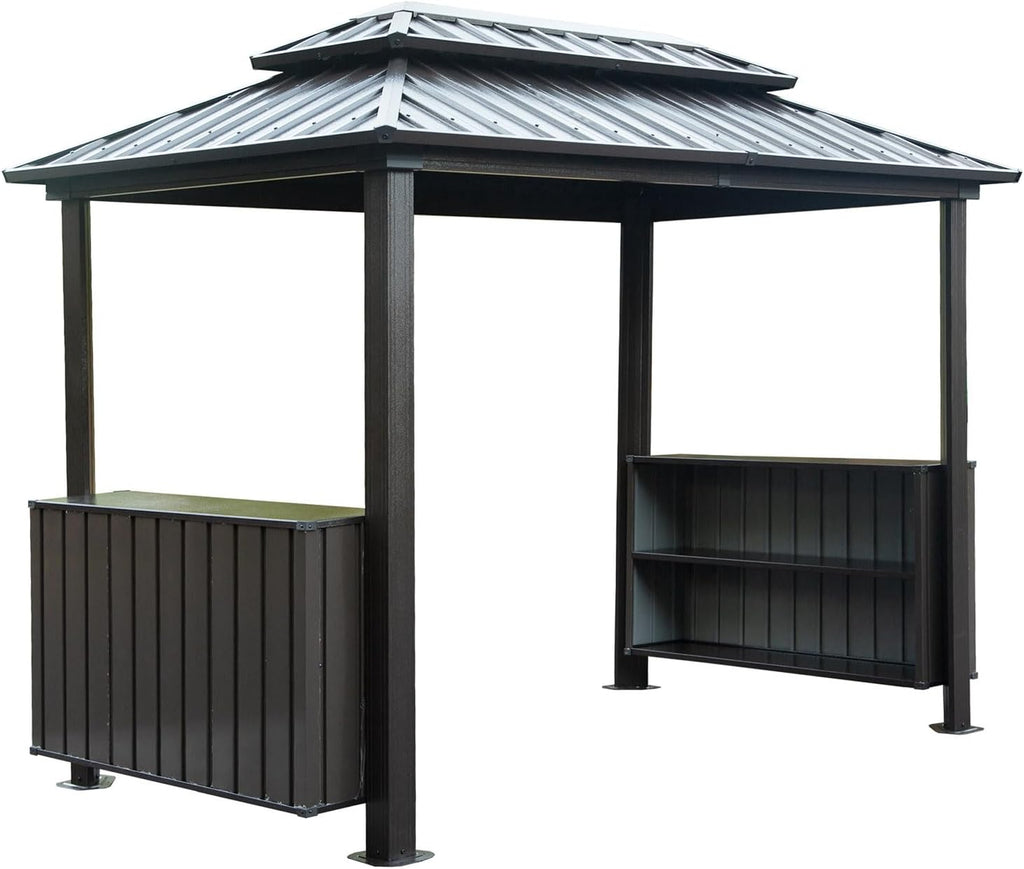 Hardtop Grill Gazebo, 2 Side Shelves & Ceiling Hooks, Permanent Outdoor BBQ Canopy with Galvanized Steel Roof, Metal All-Steel Frame for Patio, Backyard, Deck, Lawn, (Gray, 6x10FT Classic Roof)
