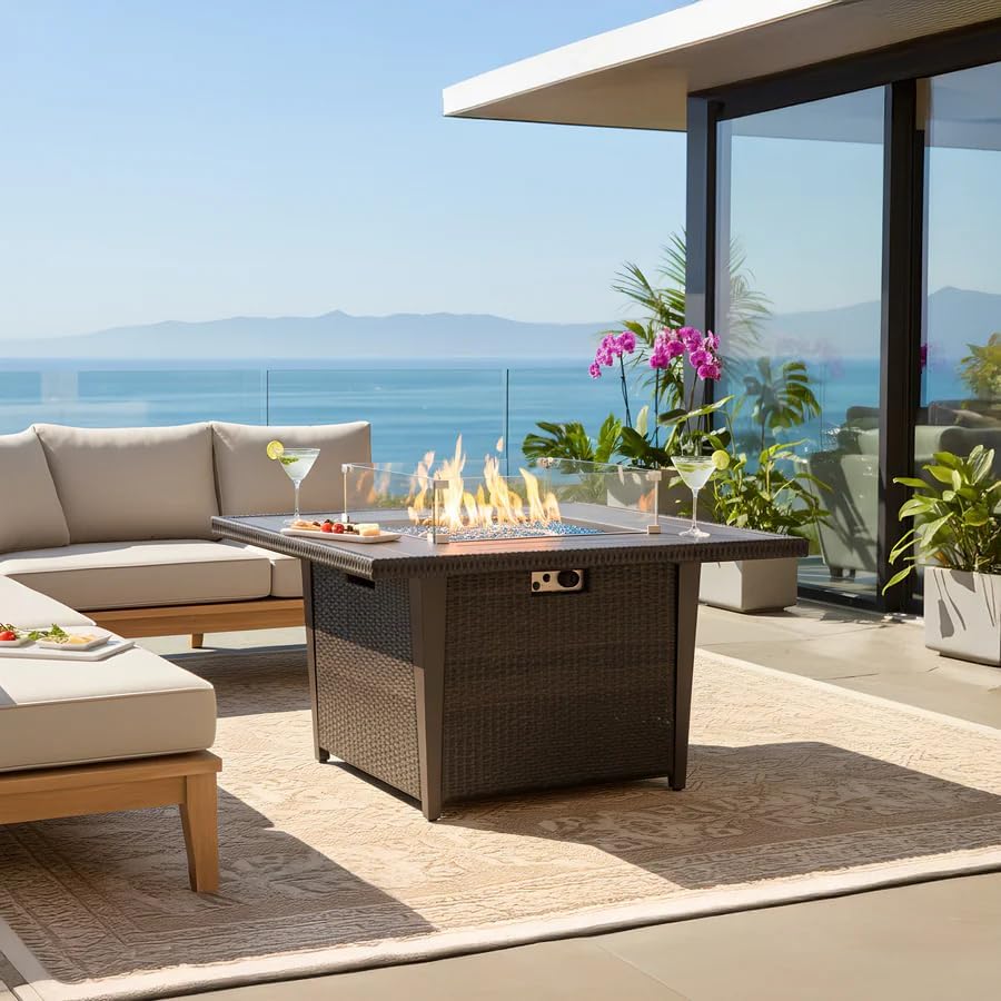 42' Outdoor Propane Fire Pit Table Gas Fire Pit for Patio 2-in-1 Firepit Dining Table with Glass Wind Guard Glass Rocks & Waterproof Cover Grey