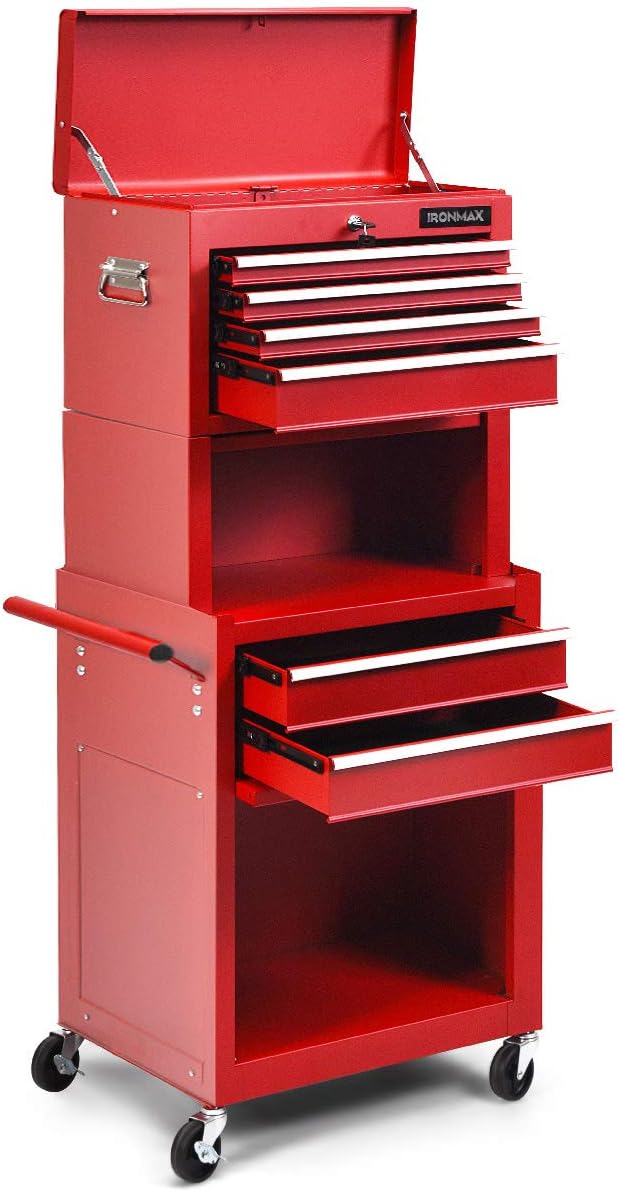 IRONMAX 6-Drawer Tool Cabinet on Wheels, Lockable 3 in 1 Heavy Duty Toolbox Organizer w/ 4 Universal Wheels & Hooks, Detachable Metal Tool Chest for Garage, Warehouse, Repair Shop (Red)