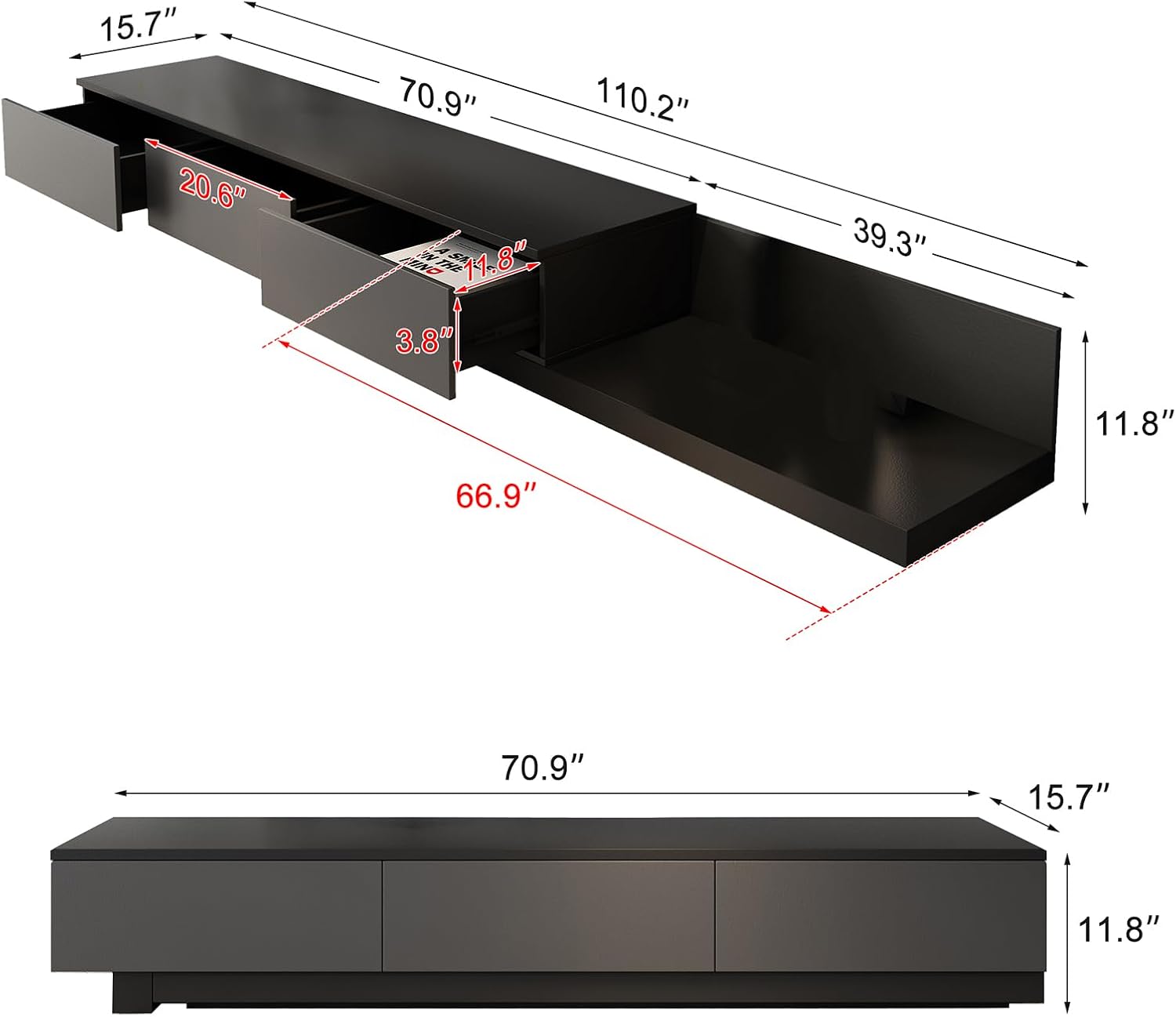 Telescoping TV Cabinet, 70.9 to 110.2 Inch Entertainment Center, Fits 85 Inch TV with 3 Drawer Media Cabinet, Gray + Matte Black, Modern Living Room Bedroom Organizer