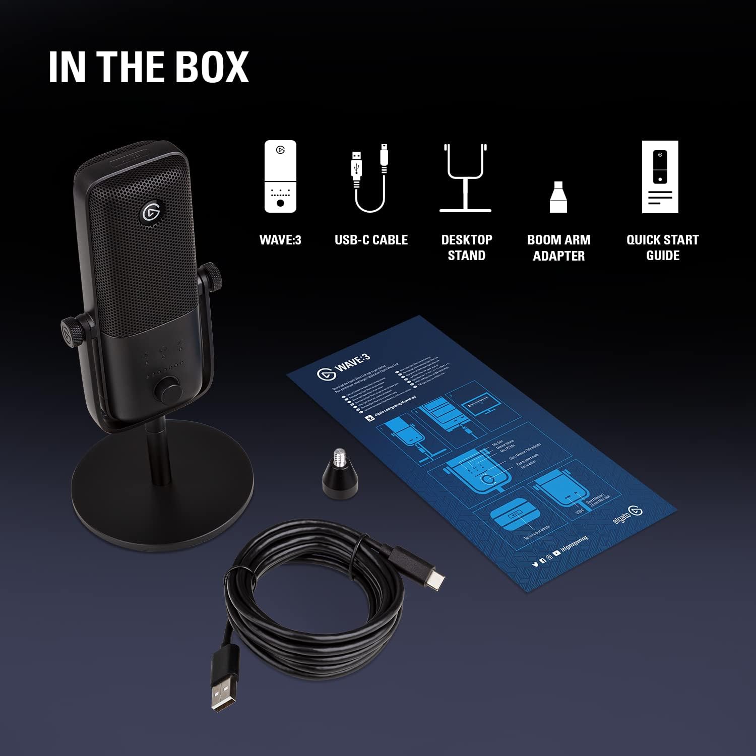 Elgato Wave:3 - Premium Studio Quality USB Condenser Microphone for Streaming, Podcast, Gaming and Home Office, Free Mixer Software, Sound Effect Plugins, Anti-Distortion, Plug 'n Play, for Mac, PC