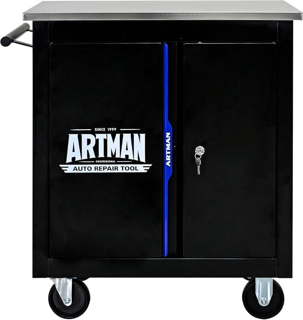 RYH 4/5/6/7 Drawers Rolling Tool Chest -Heavy Duty Mobile Metal Tool Box with Locking Wheels, with Stainless Steel Worktop, Garage Tool Storage Cabinet (Black-Blue, 2 Doors 30.7' H×25.9' W)