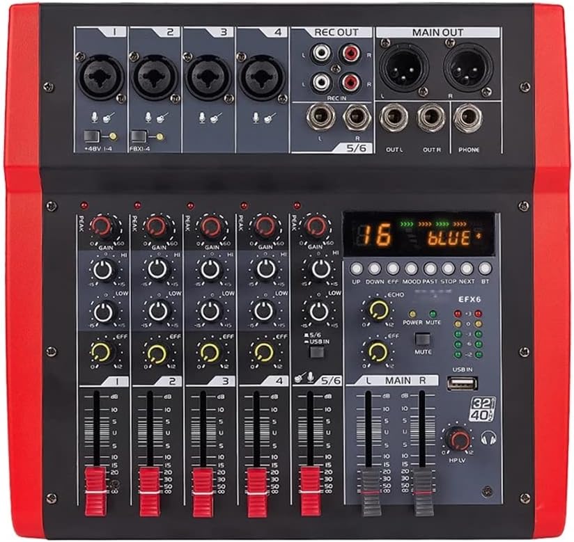 EFX6 6 Channels Audio Mixer 4 Mono 1 Stereo Sound Mixing Console 5V 16 DSP Effects USB Computer Play Recording