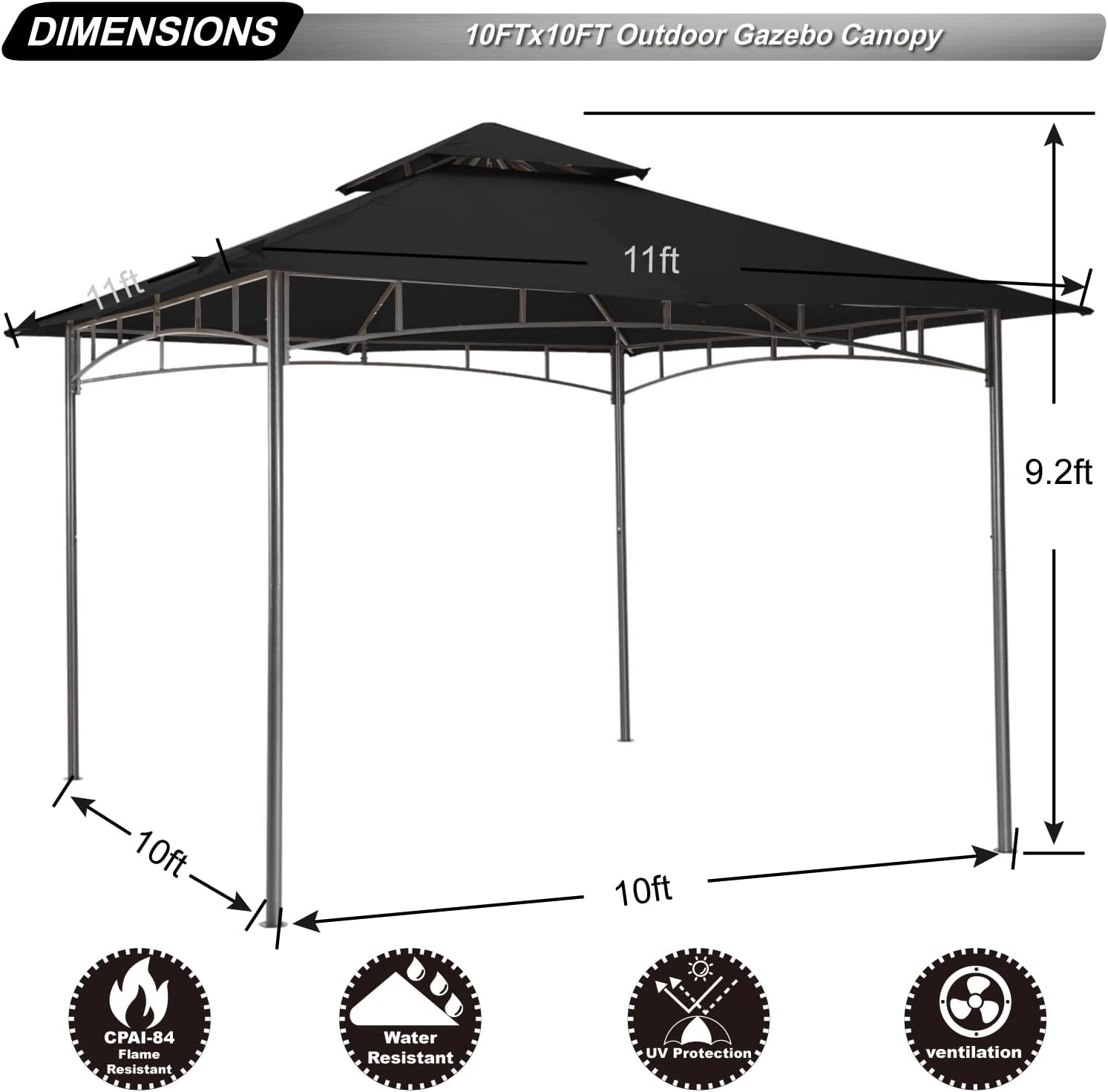 ABCCANOPY Gazebos for Patios 10x10 - Outdoor Steel Frame Gazebo for Lawn Backyard Garden Deck (Black)