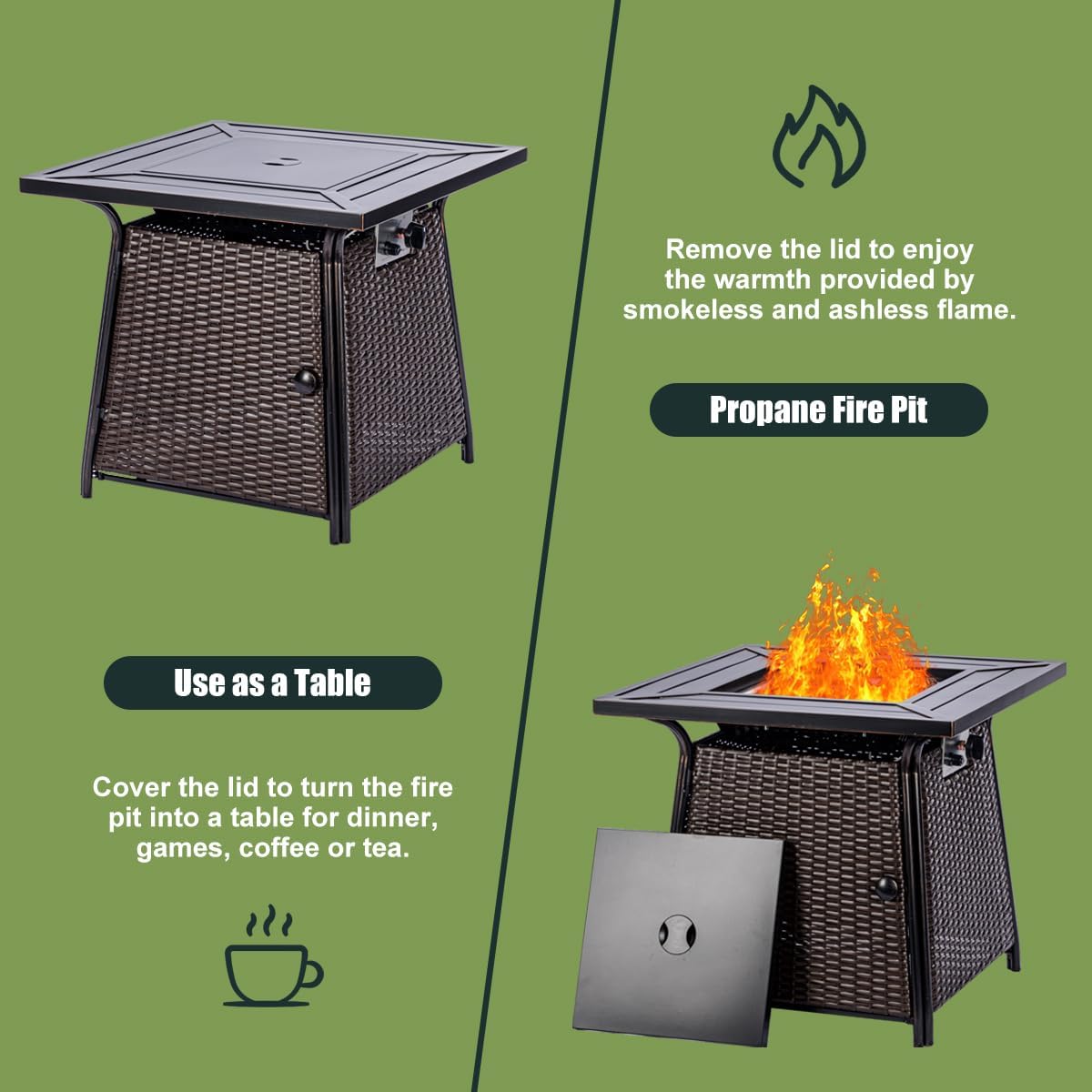 OutVue 28 inch Wicker Propane Fire Pit Table,Gas Fire Pits Table for Outside,50000 BTU Propane Firepit with Lid &Lava Rocks,Gas Firepit for Garden,Yard (Brown Rattan)