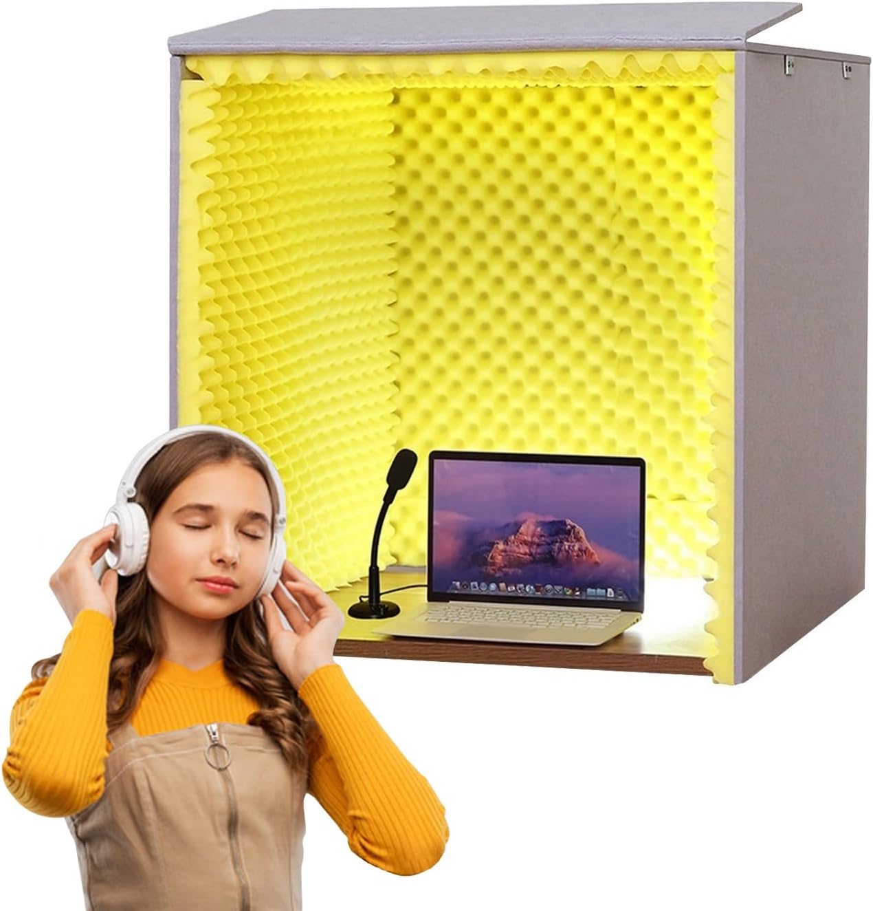 Desktop Soundproof Cover, 80*80*80CM Portable Soundproof Booth Recording Vocal Booth Box Isolation Shield for Microphone Recording Equipment Podcasts Singing Gaming and Broadcasting ( Color : Yellow )