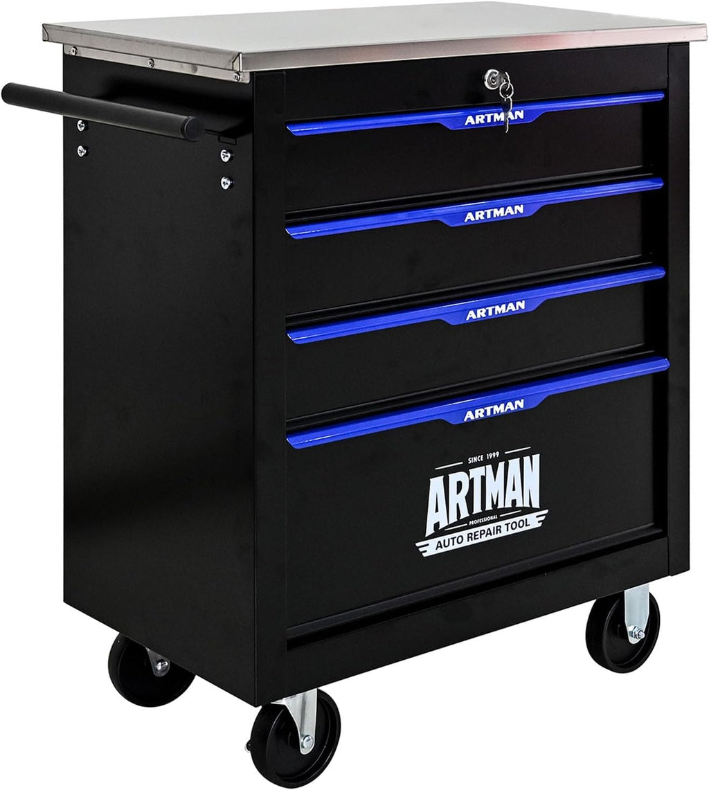 4-Drawer Rolling Tool Chest, Stainless Steel Countertop Mobile Tool Cabinet with Key Lock, 360° Swivel Wheels & Padded Feet, Portable Tool Storage Box for Home Garage Workshop, Black & Blue