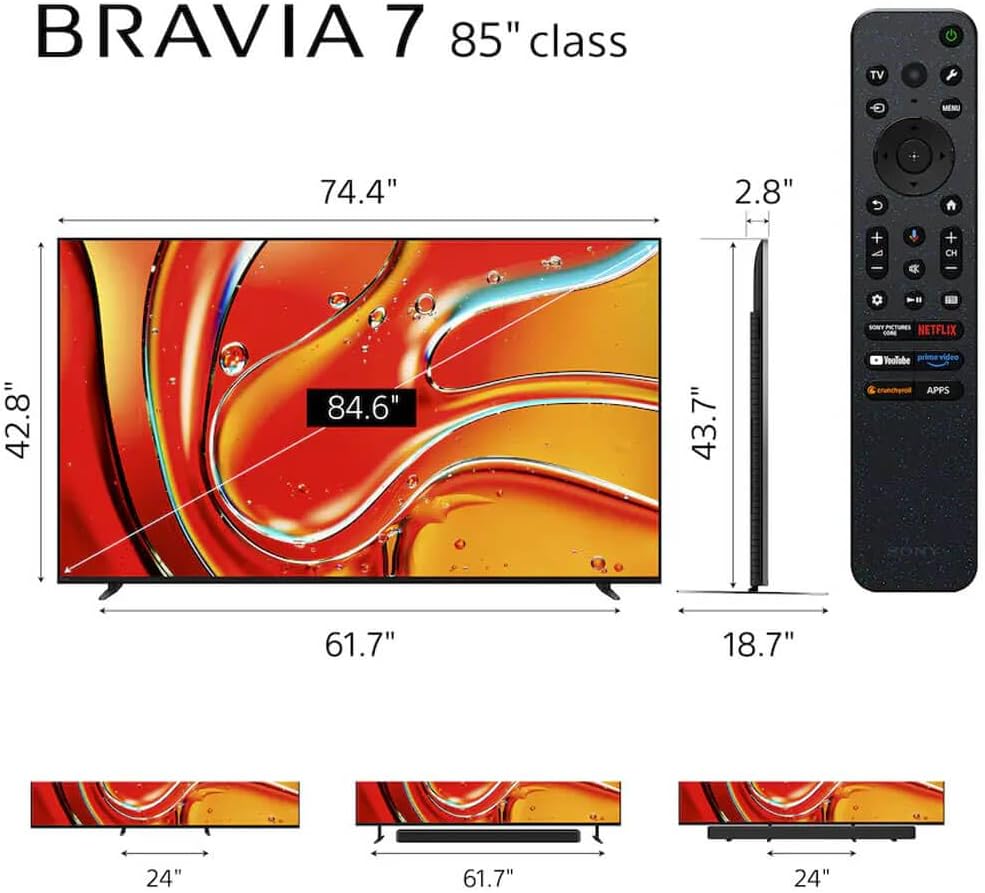 Sony K85XR70BKIT1 85 inch BRAVIA 7 4K HDR Mini LED QLED Smart Google TV with Dolby Vision, PS5 Exclusive Features,