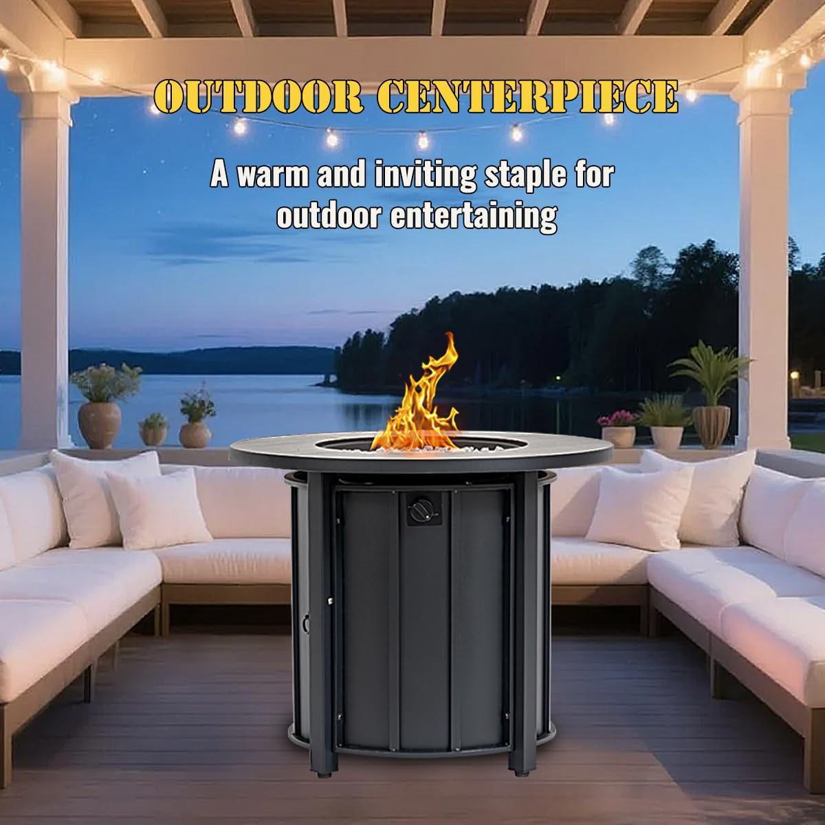 30'' Marble Ceramic Round Gas Fire Pit, 50,000 BTU Outdoor Fire Tables, Fire Table with Lid, Add Warmth & Ambience to Gatherings and Parties On Patio Deck Garden Backyard, White Glass Stone.