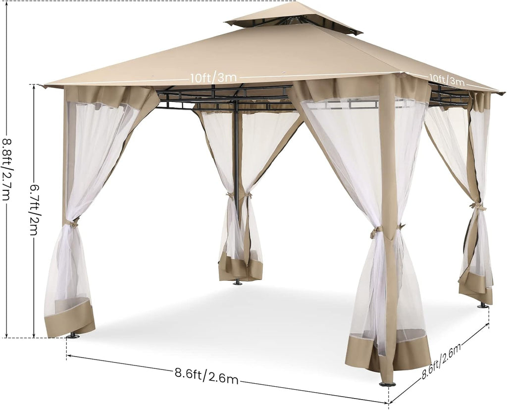 COBIZI Gazebo 10x10 Heavy Duty Gazebos with Improved Nettings Outdoor Gazebo Double Roof Patio Gazebos with Metal Steel Frame Outdoor Canopy for Patio, Deck, Backyard (Khaki)