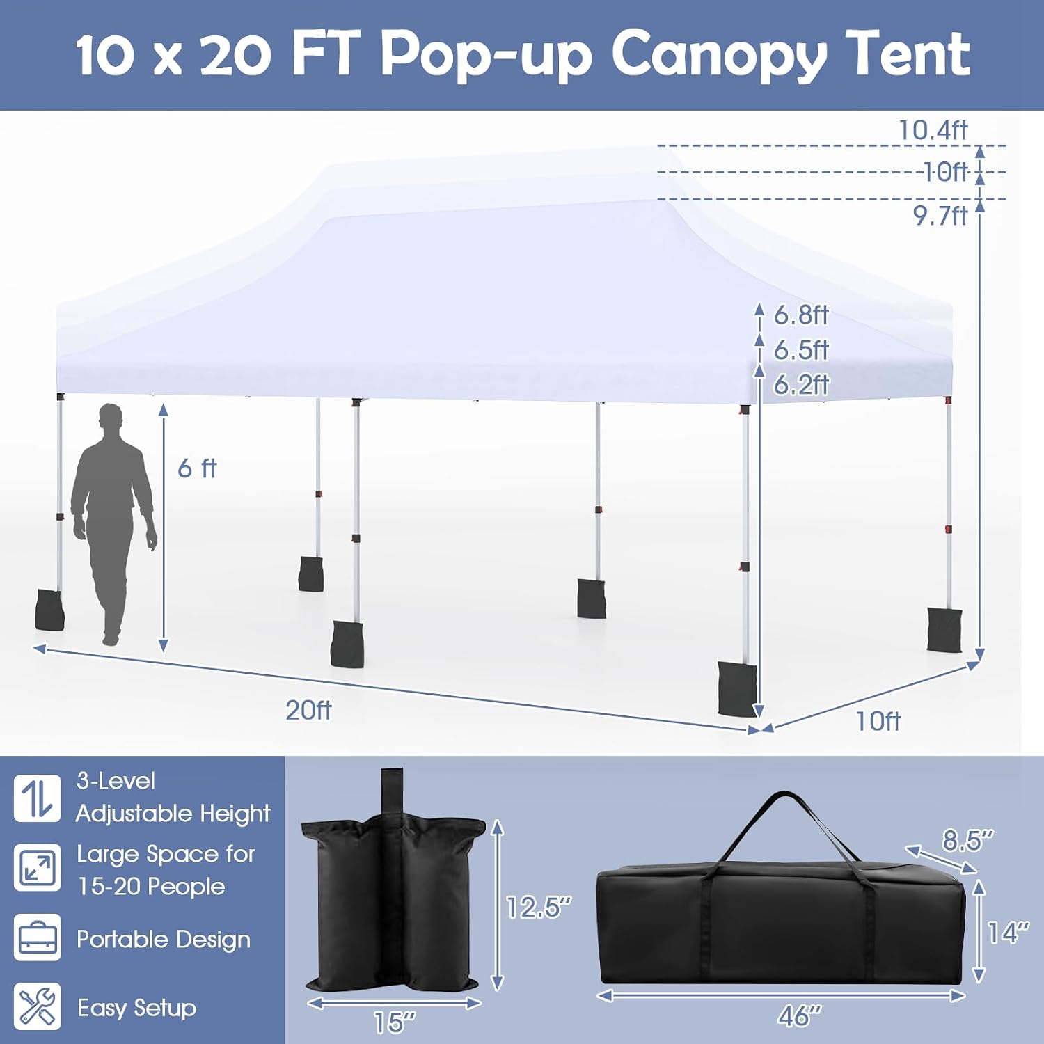Tangkula 10x20 Ft Pop Up Canopy, Instant Setup Tent with 6 Sandbags, 12 Stakes & 6 Ropes, UPF 50+ Portable Outdoor Canopy Tent with Carrying Bag for Camp, Beach, Patio (White)