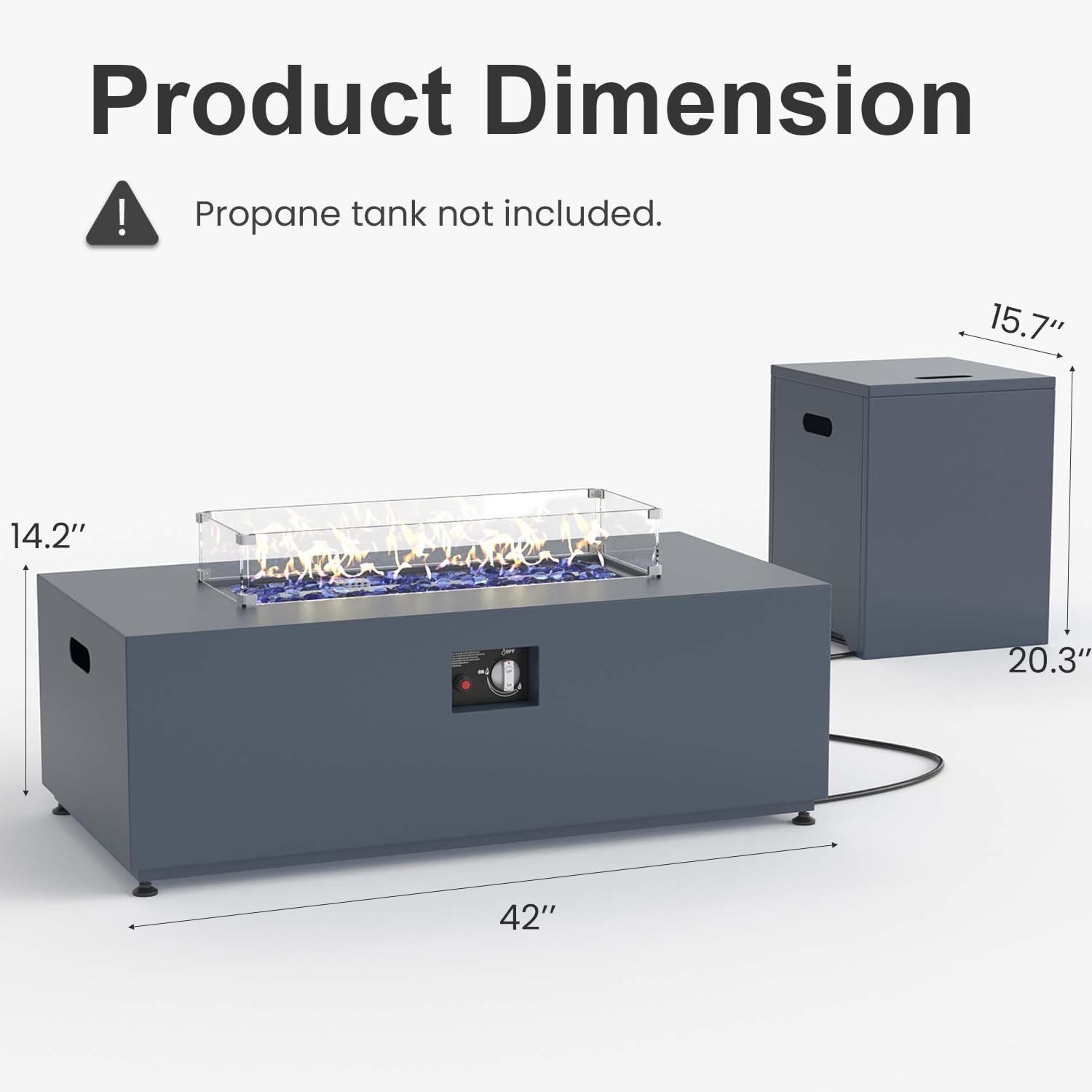 42' Propane Fire Pit Table Set with Tank Holder, Rectangle 2-Piece Outdoor Firepit Wind Guard, Lid, Glass Stones and Cover